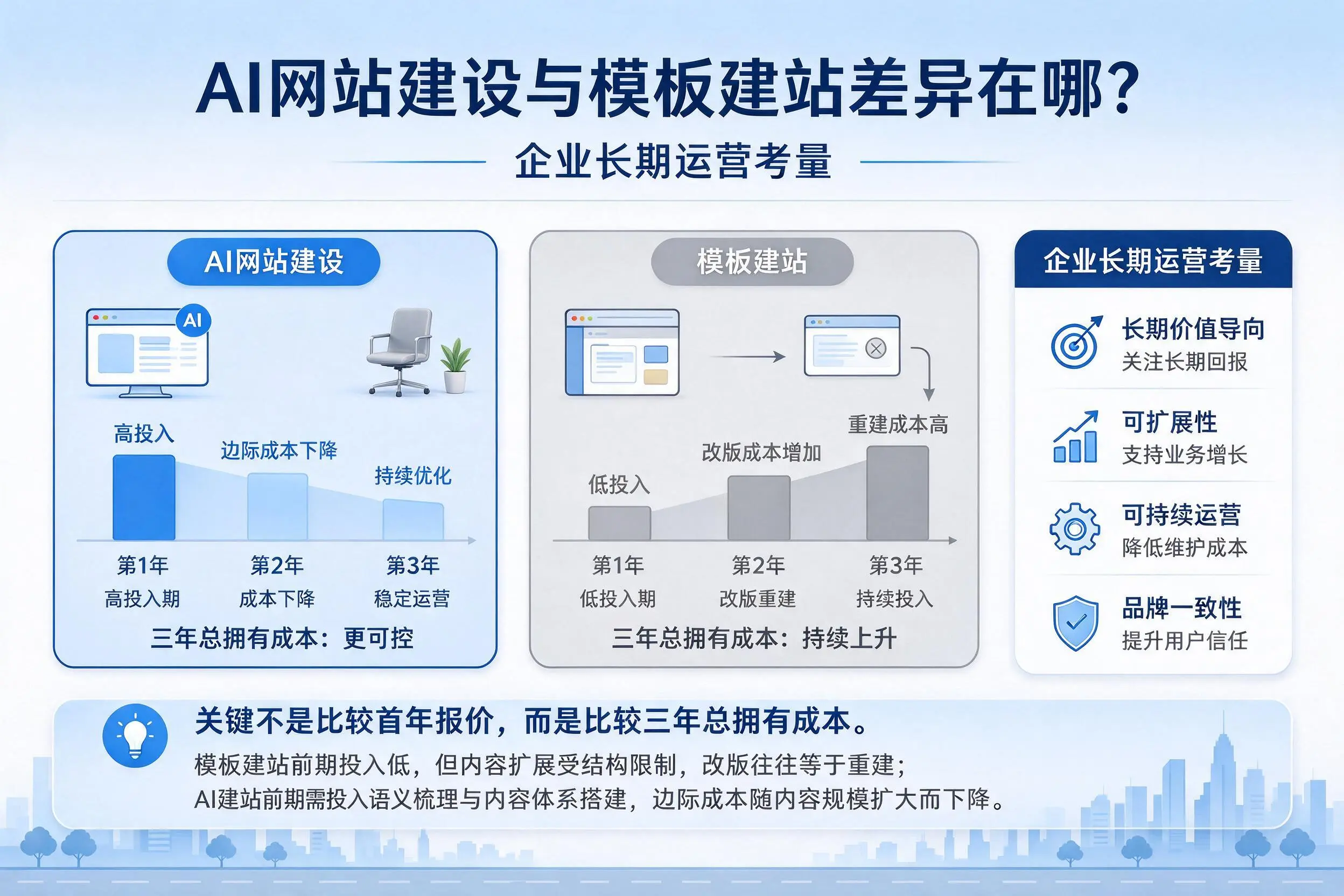 AI网站建设与模板建站差异在哪?那曲企业长期运营考量